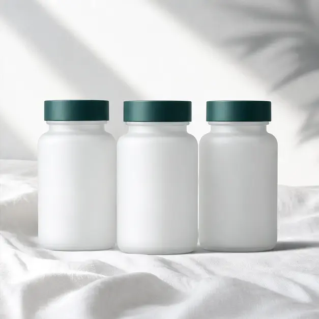 Três frascos demonstrativos do kit Lumina Daily sobre tecido branco